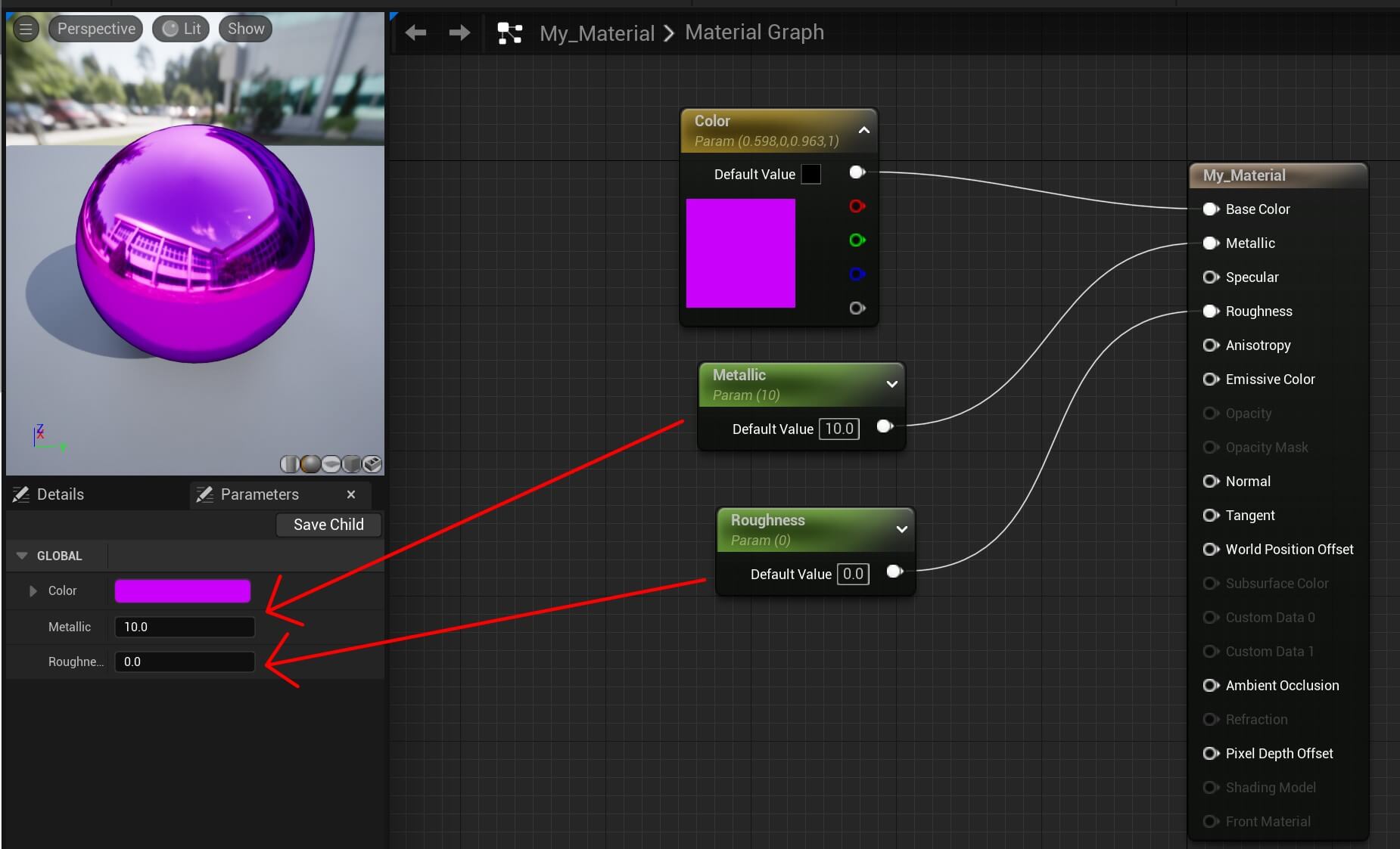 Materials Unreal - 29 - Creating metallic and roughness parameter